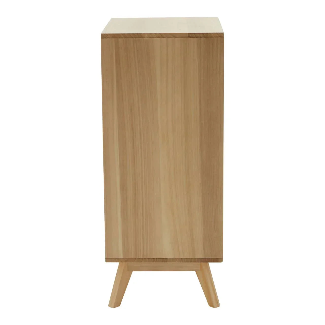 Oak wood cabinet side view with natural finish and angled legs