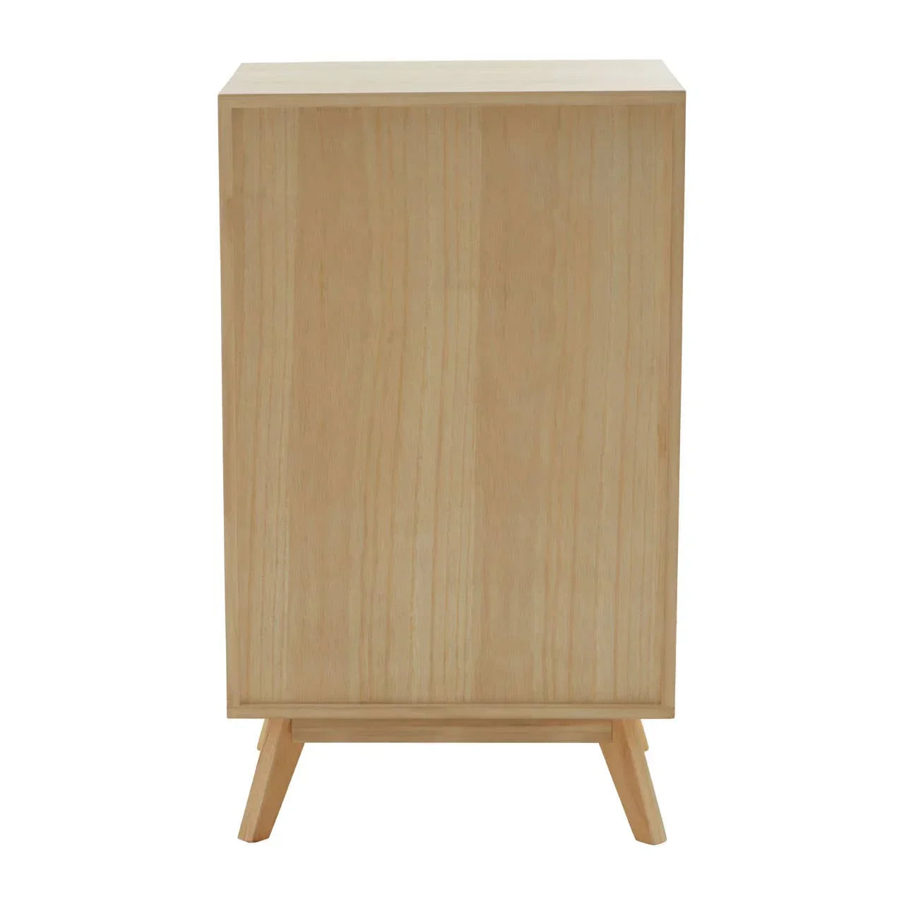 Natural wood cabinet side view with clean lines and angled legs