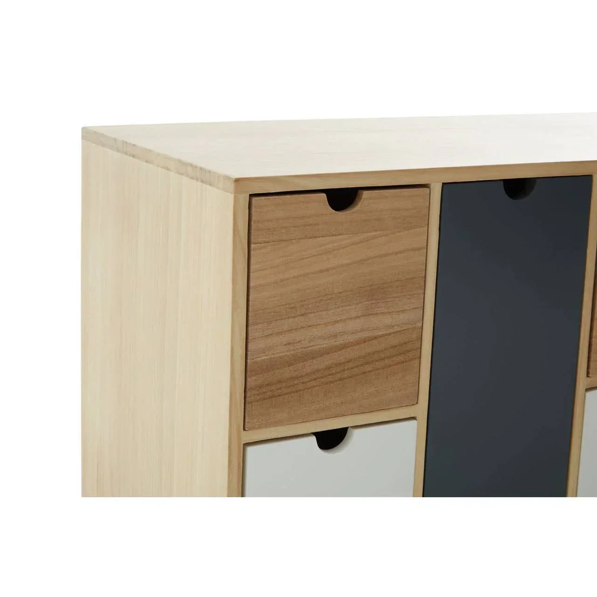 Wood storage unit with mixed color drawers and handle cutouts, partial side view
