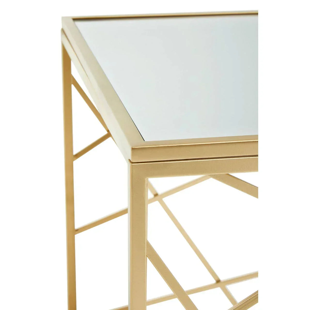Gold metal side table with mirrored glass top and geometric frame detail
