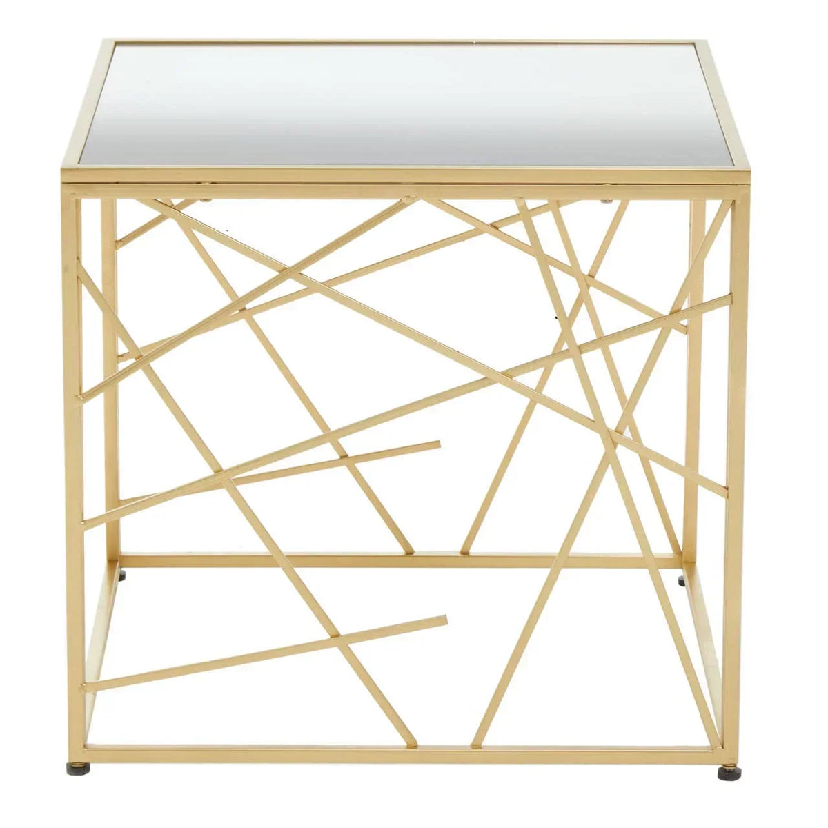 Gold metal side table with geometric frame and glass top, front view