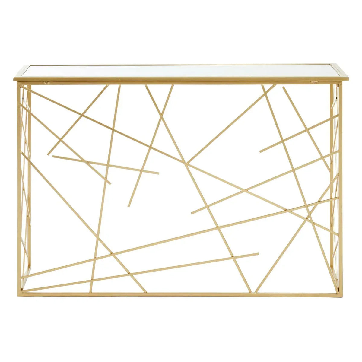 Gold metal console table with geometric base and glass top, front view