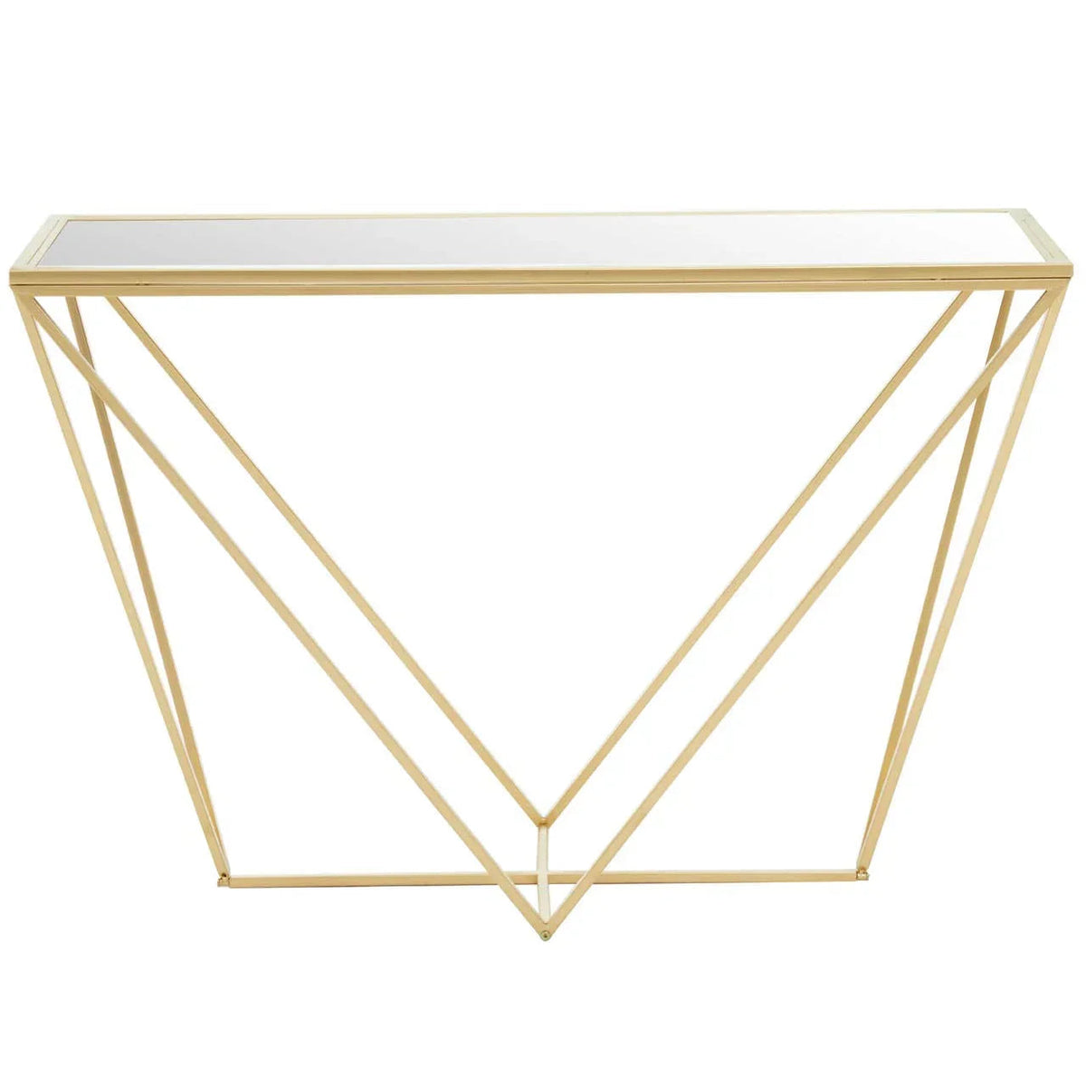 Rectangular mirrored console table with angular gold metal frame, front view