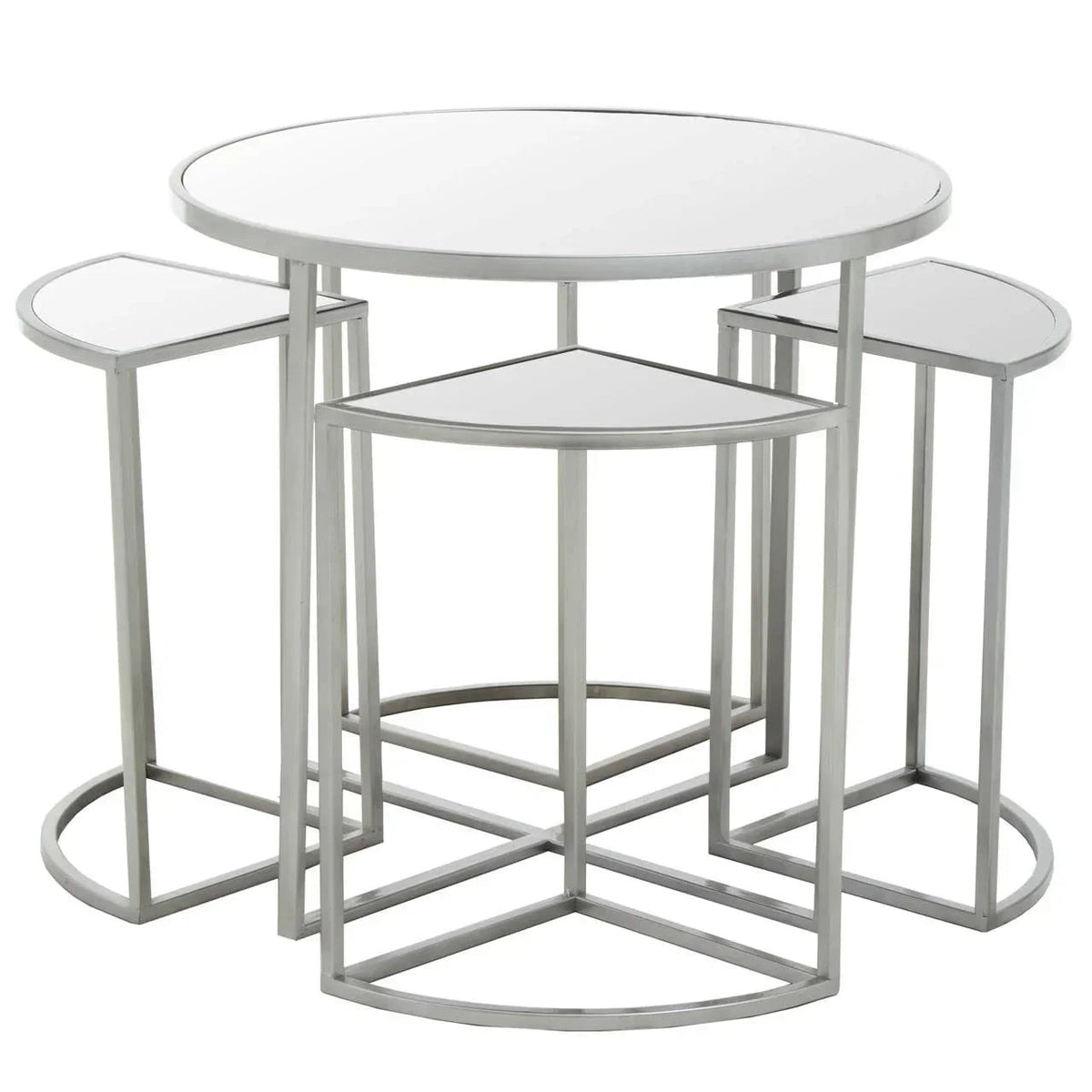 Nested mirrored tables with chrome frames, one round top and smaller fan-shaped tables underneath