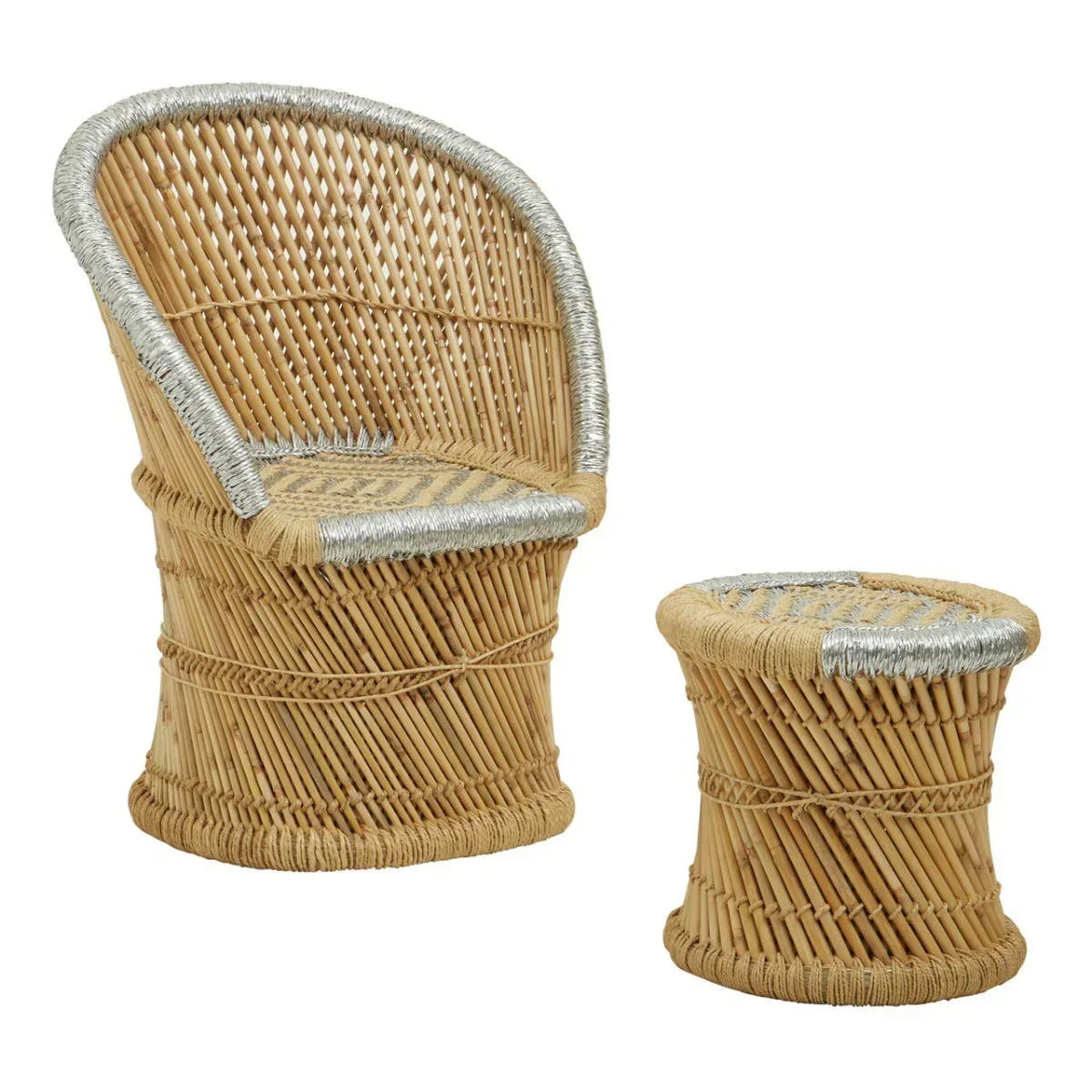 Natural rattan chair and matching stool with silver accents, side view