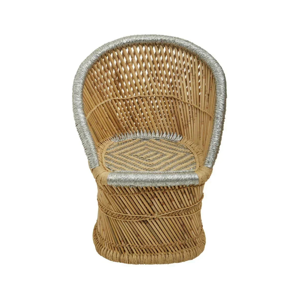 Natural rattan accent chair with rounded back and silver-wrapped detailing, front view
