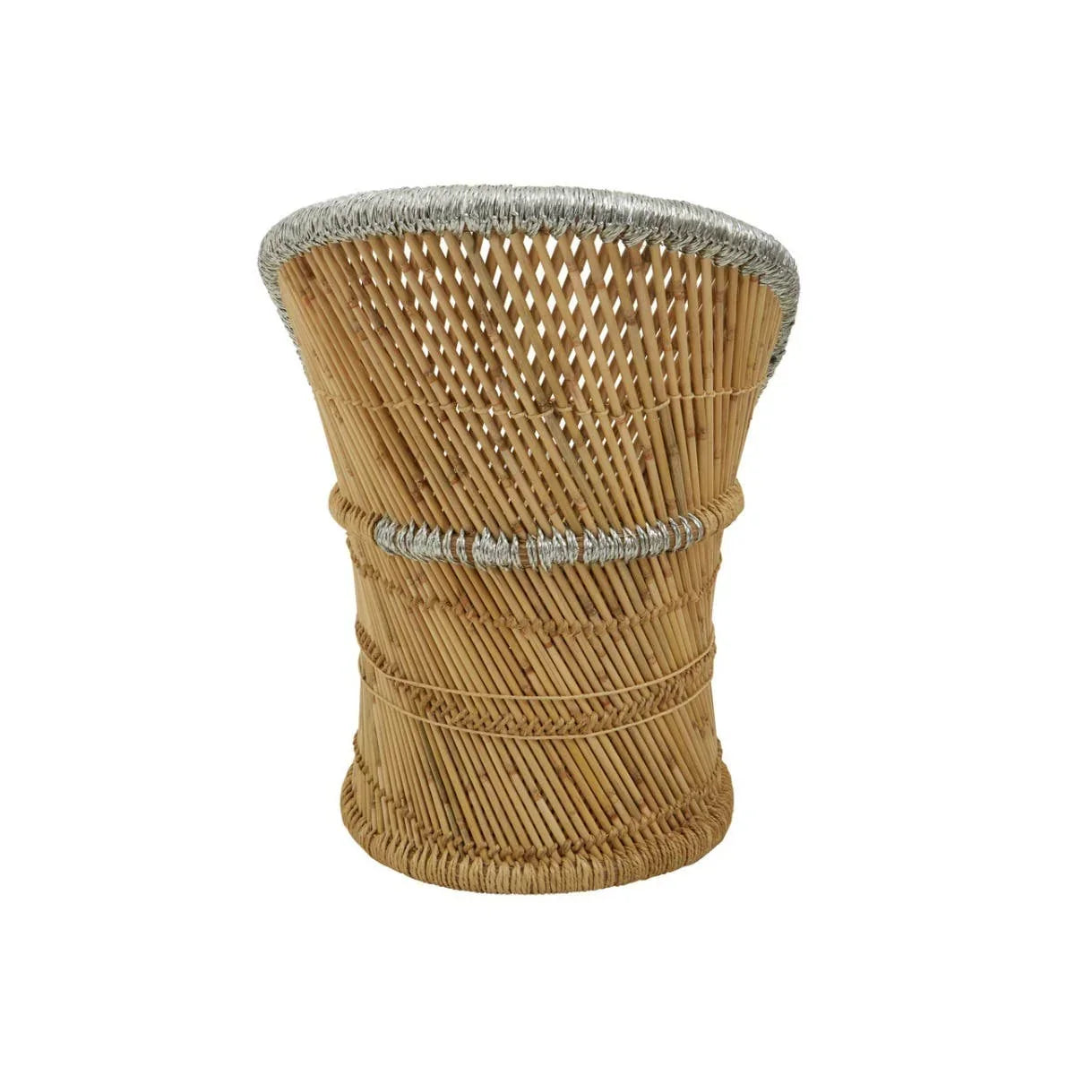Natural rattan accent chair with woven design and silver trim, rear view