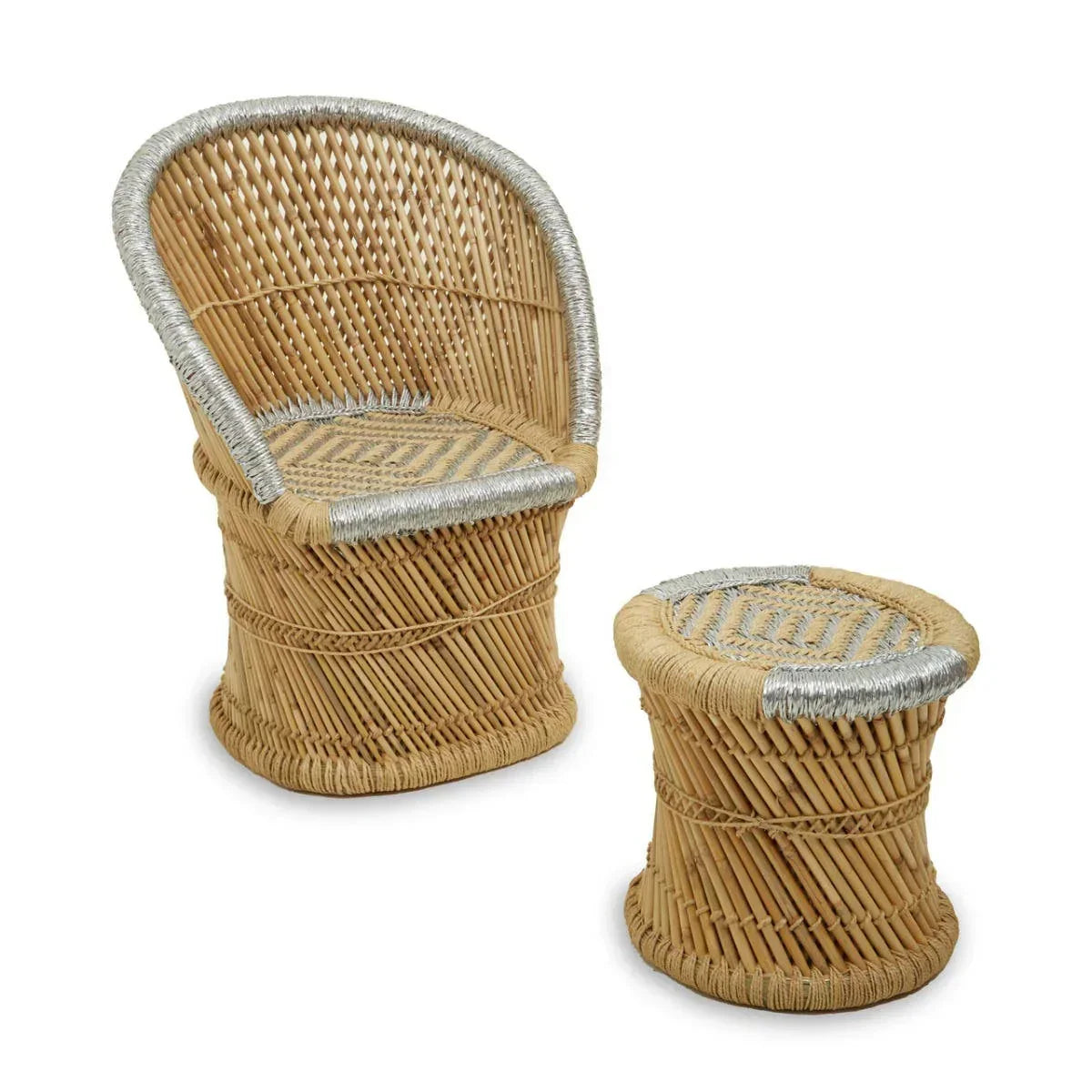 Natural rattan chair with matching stool, silver woven accents, set on white background