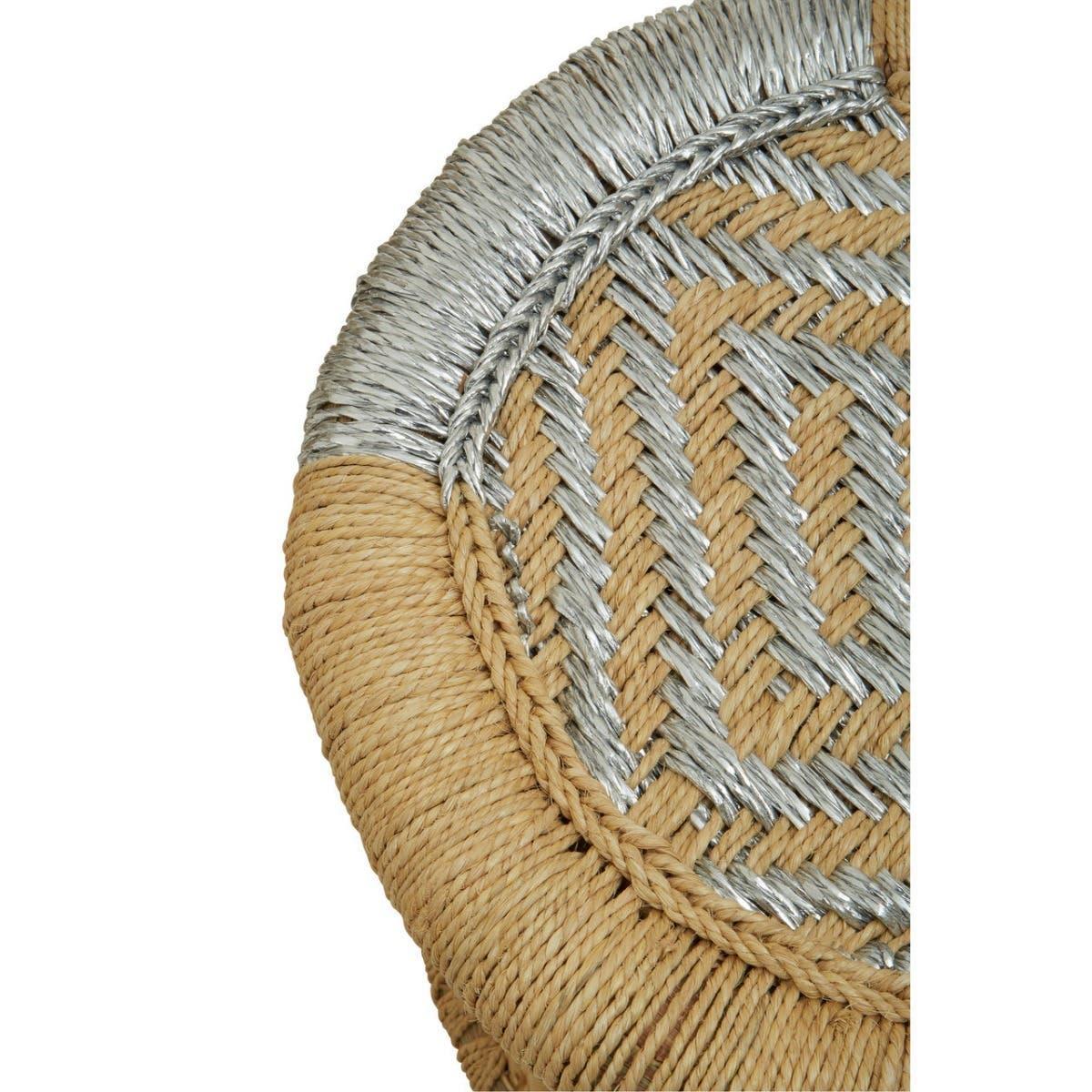 Closeup of woven seagrass and silver accent detail on round dining table top