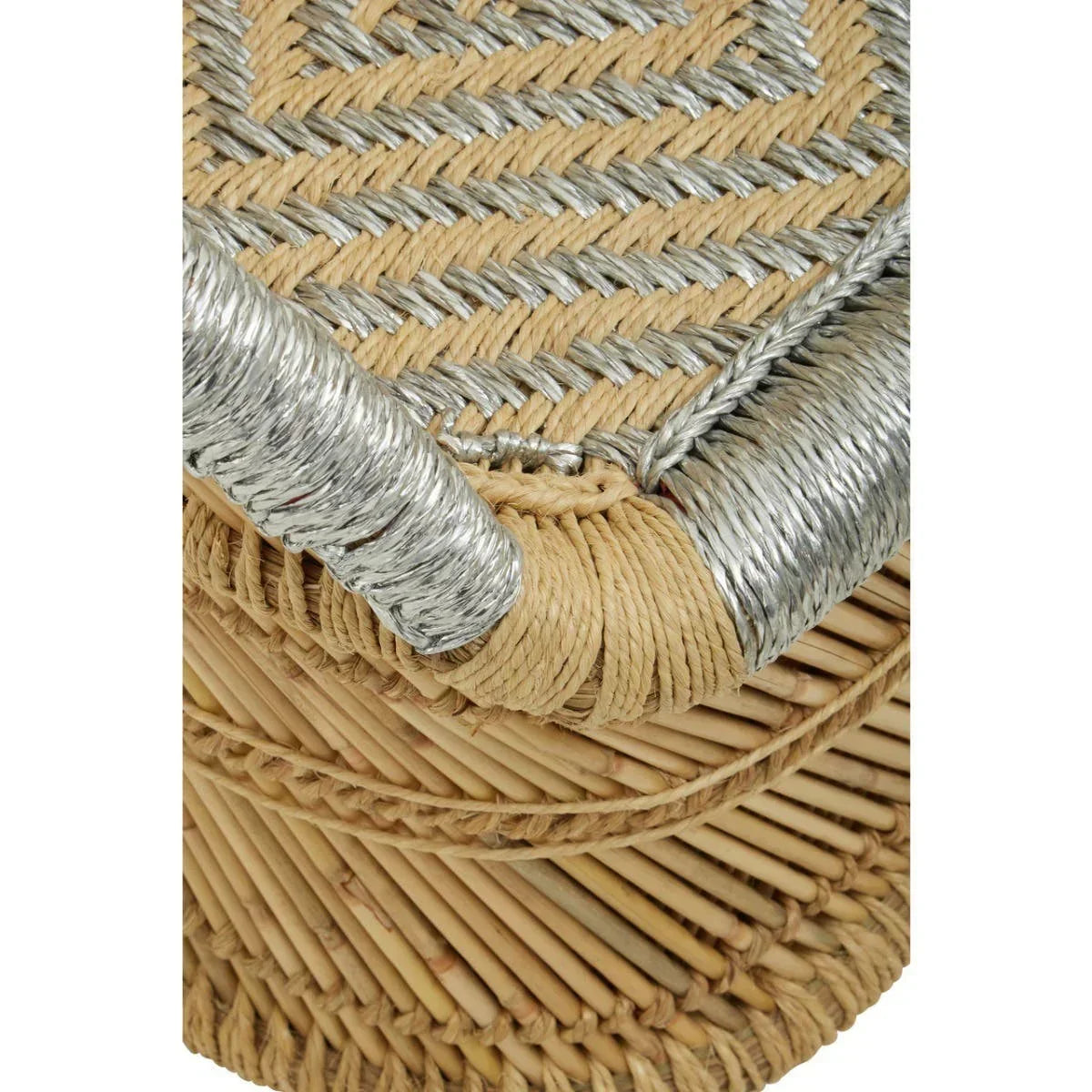 Close up of woven rattan furniture with natural and silver rope detailing