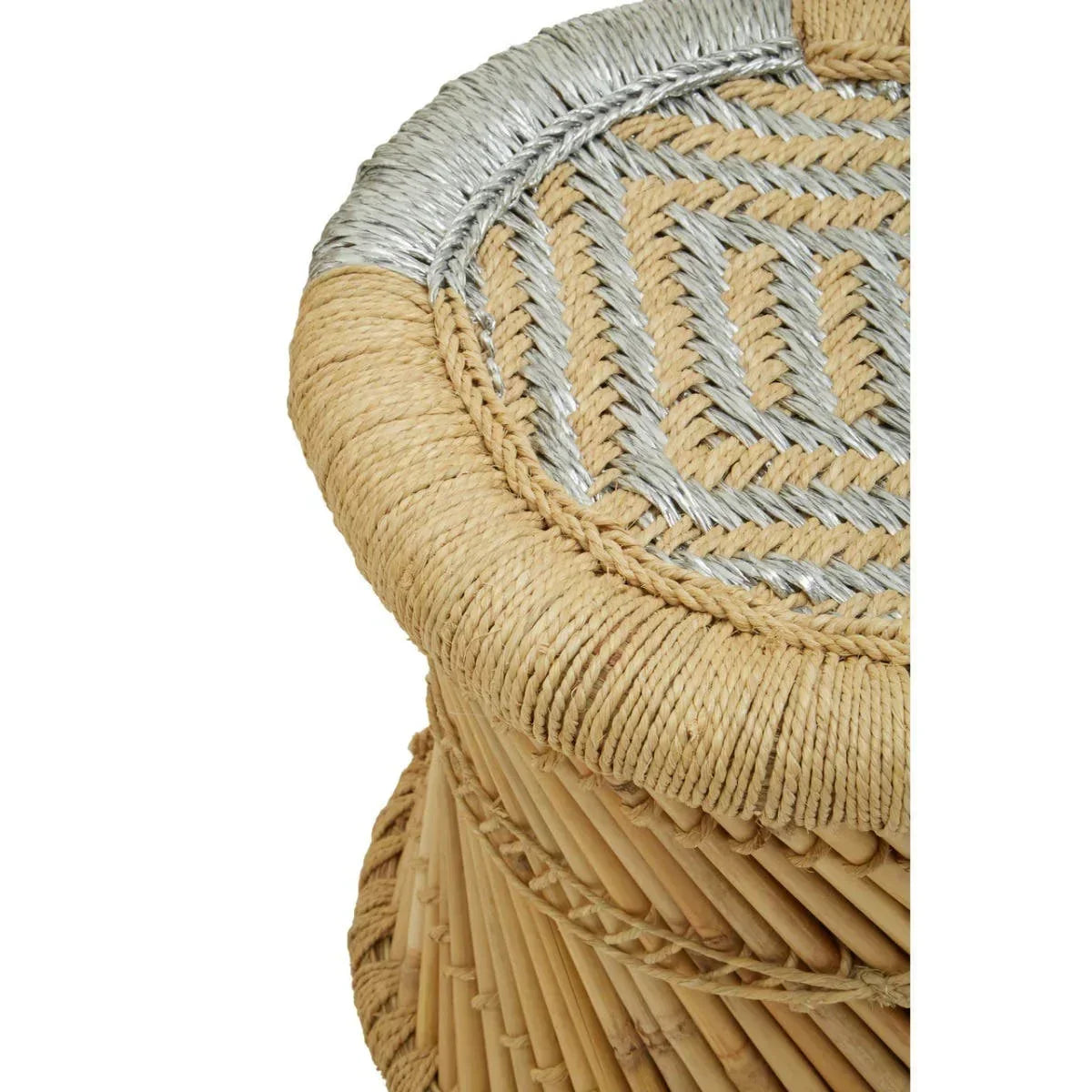 Closeup of woven rattan stool top with natural and silver detail in geometric pattern