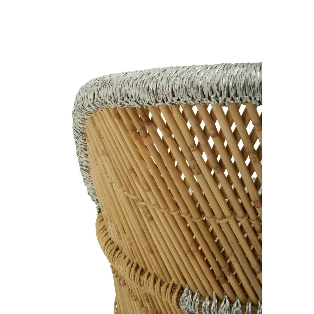 Closeup of rattan chair backrest with woven rope trim and natural bamboo detailing