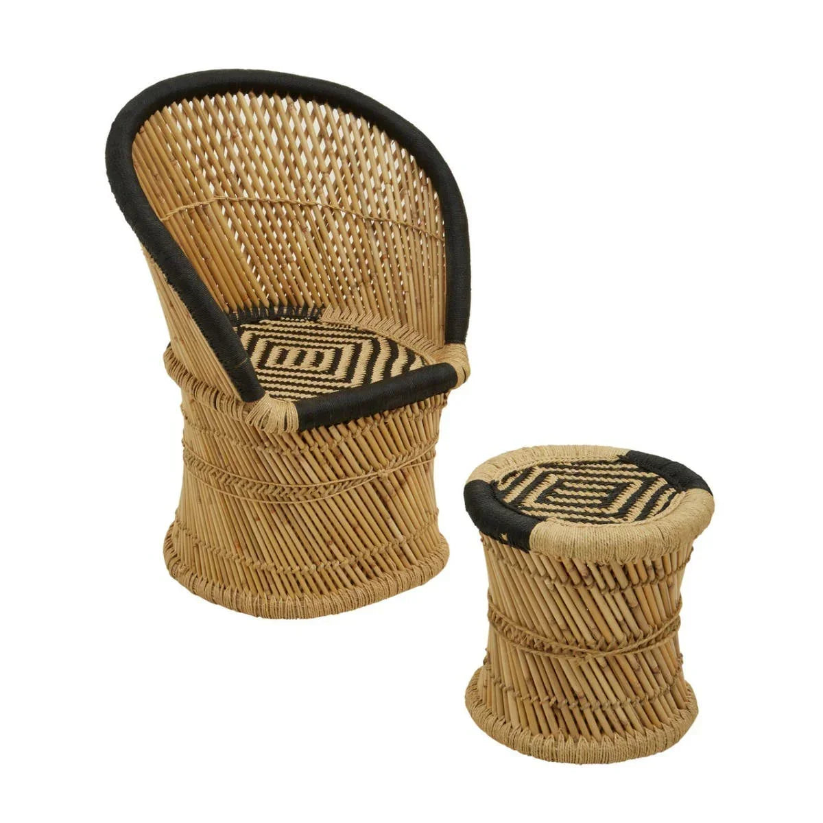 Natural rattan accent chair and matching ottoman with black woven geometric patterns