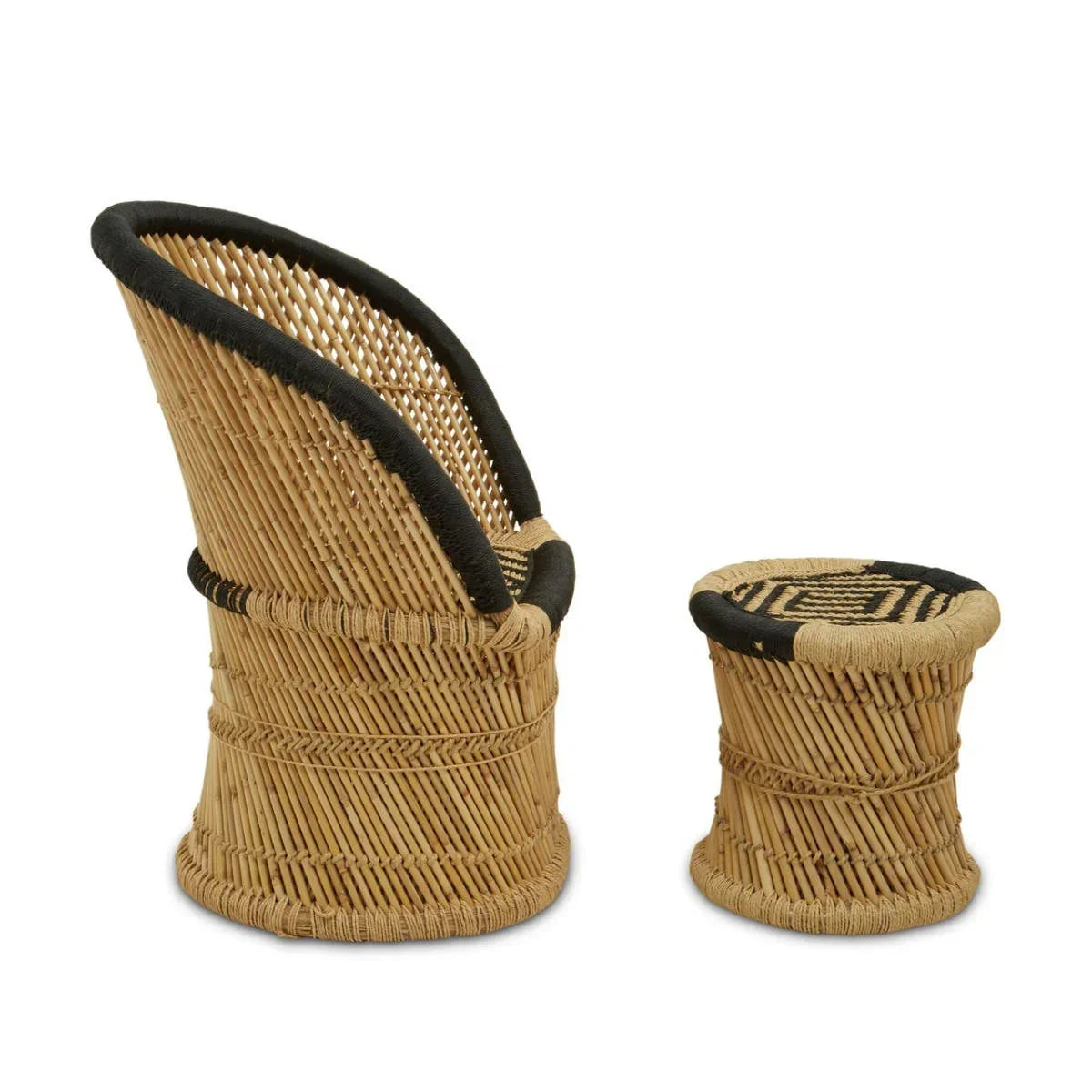Natural rattan accent chair with matching side table, black trim detail, angled view