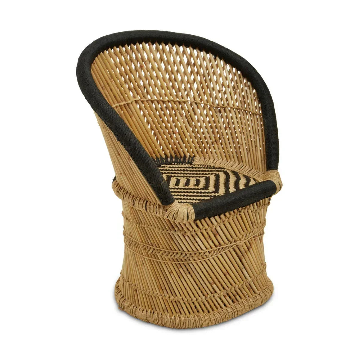Natural rattan chair with black woven accents and round backrest