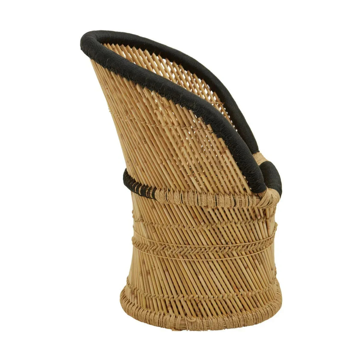 Side view of rattan accent chair with black woven edge and natural wicker finish