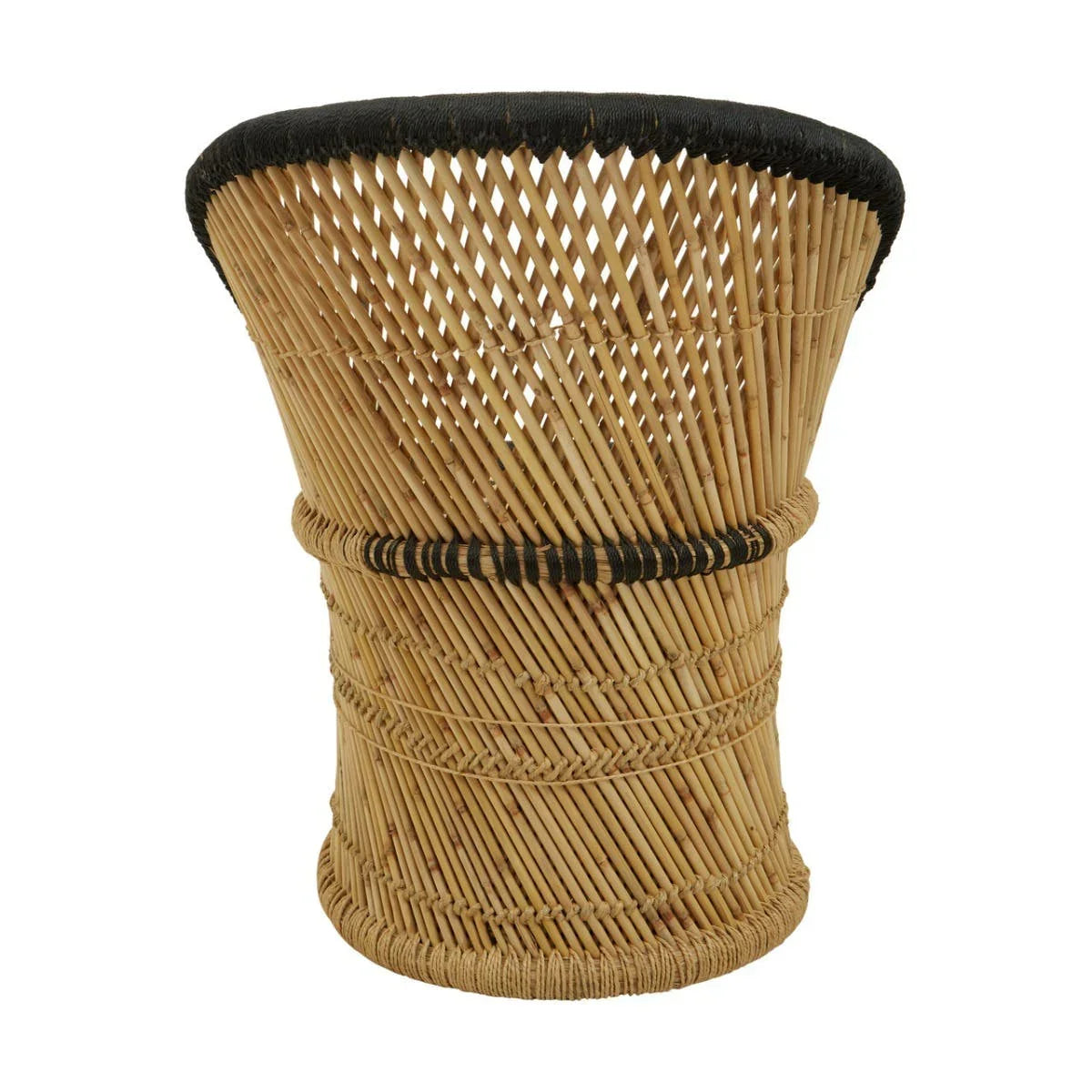 Natural rattan stool with flared sides and black accent trim, shown from rear view