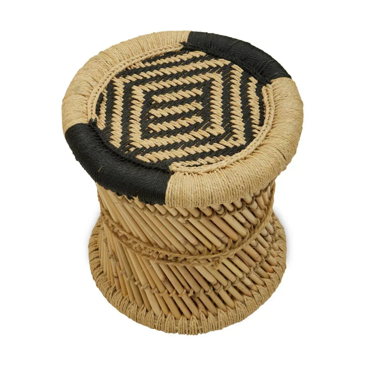 Round rattan stool with natural and black woven seat, geometric pattern top view