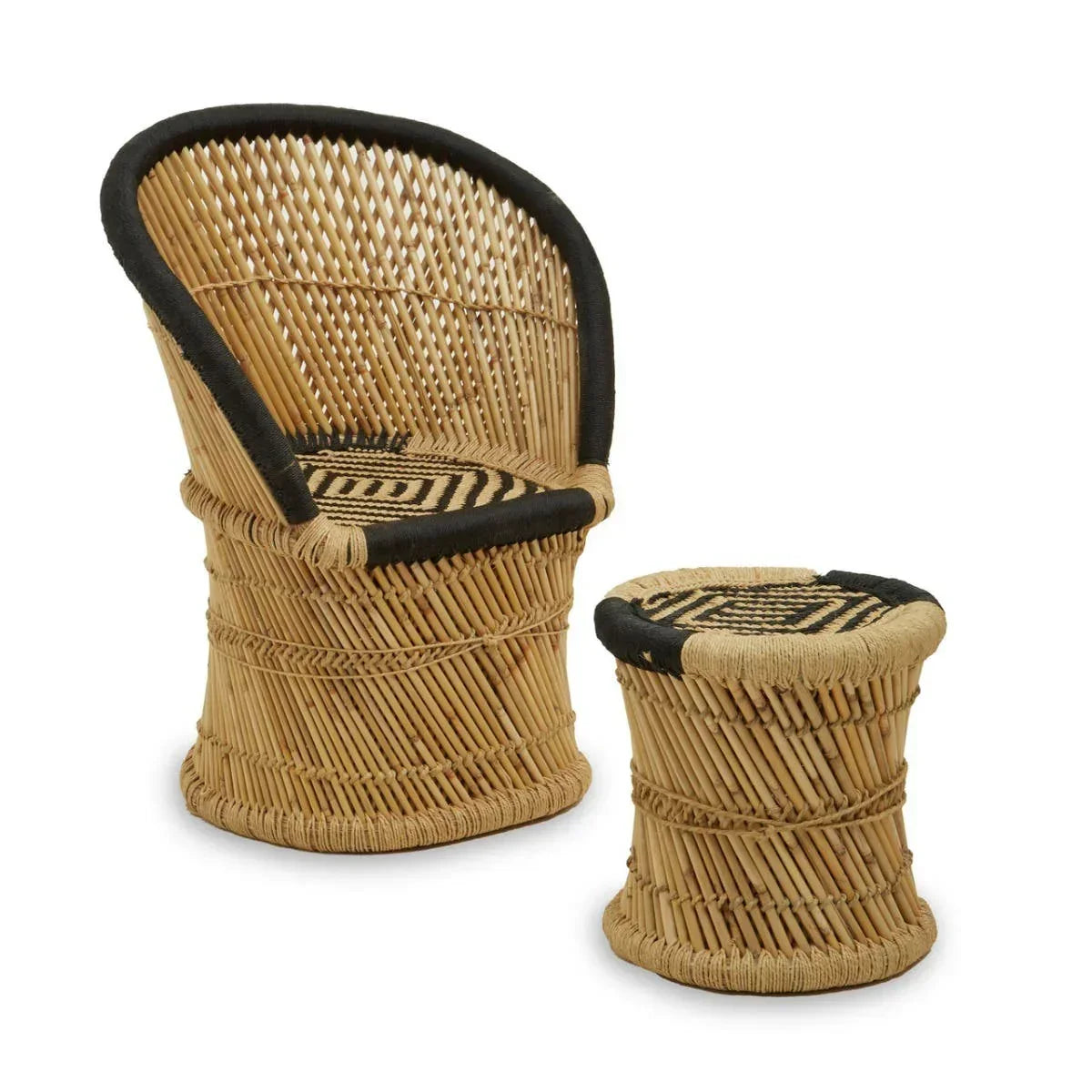 Natural rattan chair with black trim and matching woven rattan side table