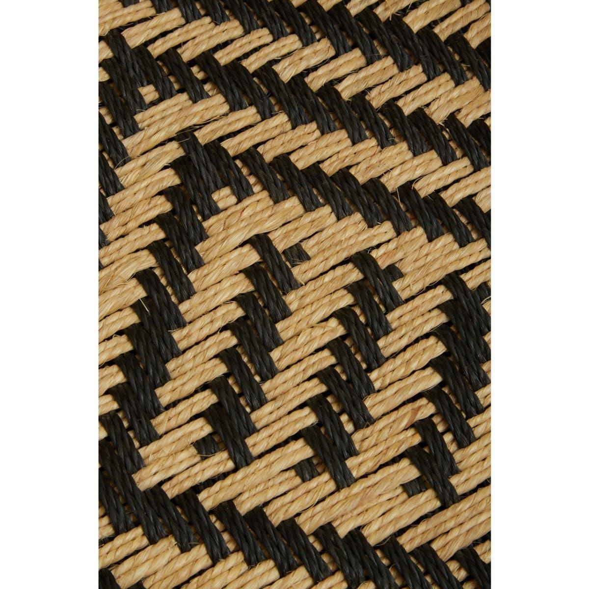 Close-up of woven rattan furniture texture with black and natural beige strands