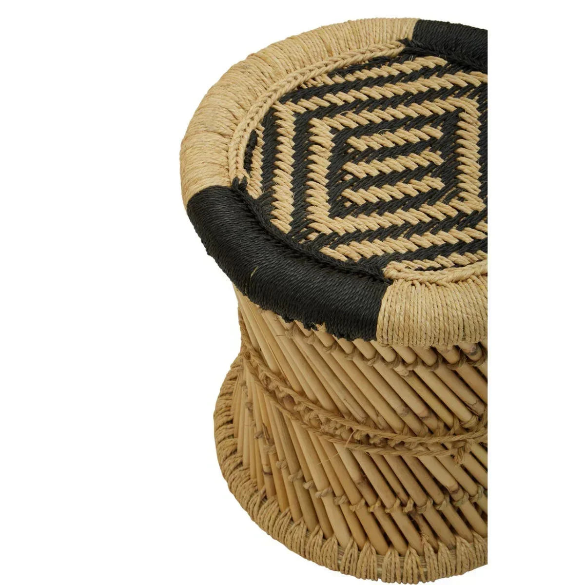 Round rattan stool with black and natural woven geometric top pattern