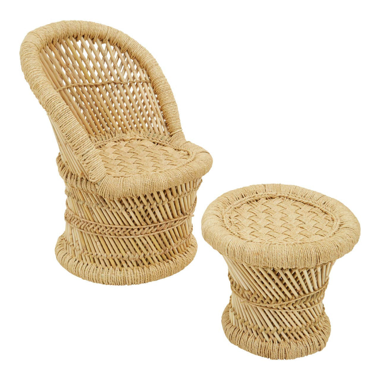 Natural woven bamboo chair with a curved backrest and a matching round stool, both featuring a light tan color and intricate weaving patterns. The chair has a sturdy base and a comfortable seat, while the stool is designed for versatility and can be used as a footrest or side table