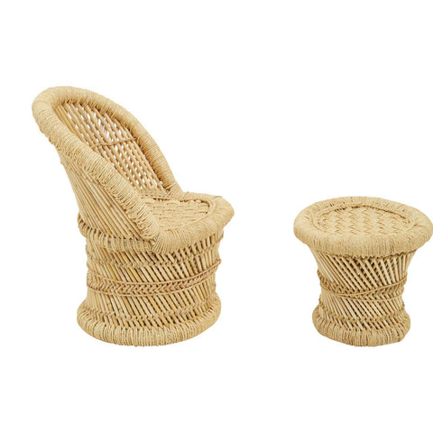 Natural woven bamboo chair with a curved backrest and a matching round stool, both in a light beige color, showcasing a textured design suitable for children's furniture