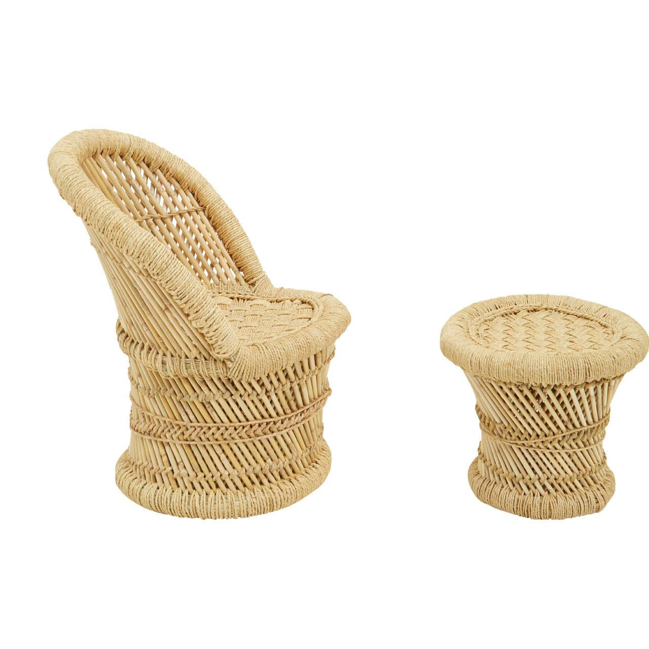 Natural woven bamboo chair with a curved backrest and a matching round stool, both in a light beige color, showcasing a textured design suitable for children's furniture