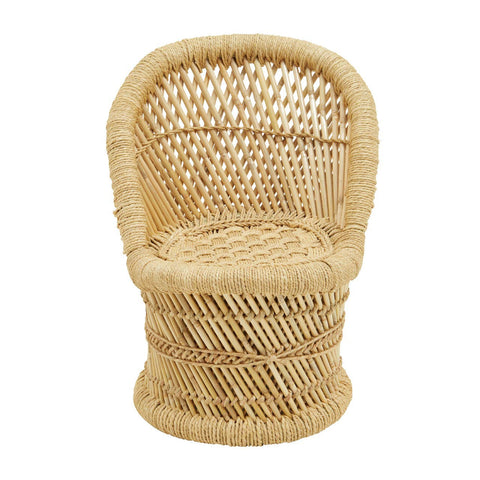 Natural woven bamboo chair with a rounded backrest and a sturdy base, featuring a light tan color and intricate weaving patterns. The chair is designed for children, showcasing a cozy and inviting appearance