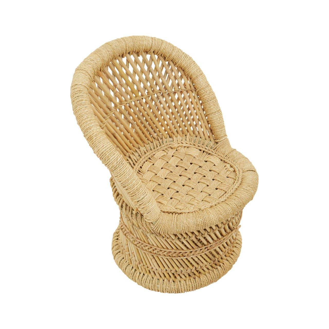 Natural woven bamboo chair with a rounded backrest and a sturdy base, designed for children's use. The chair features a light tan color and intricate weaving patterns, showcasing a cozy and inviting aesthetic