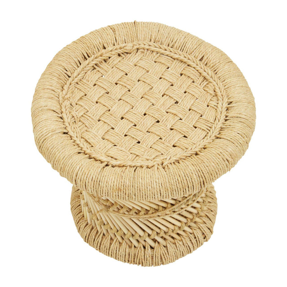Natural woven bamboo chair and stool set designed for children, featuring a round stool with a textured woven surface and a sturdy base, all in a light, natural color