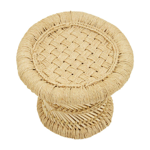Natural woven bamboo chair and stool set designed for children, featuring a round stool with a textured woven surface and a sturdy base, all in a light, natural color