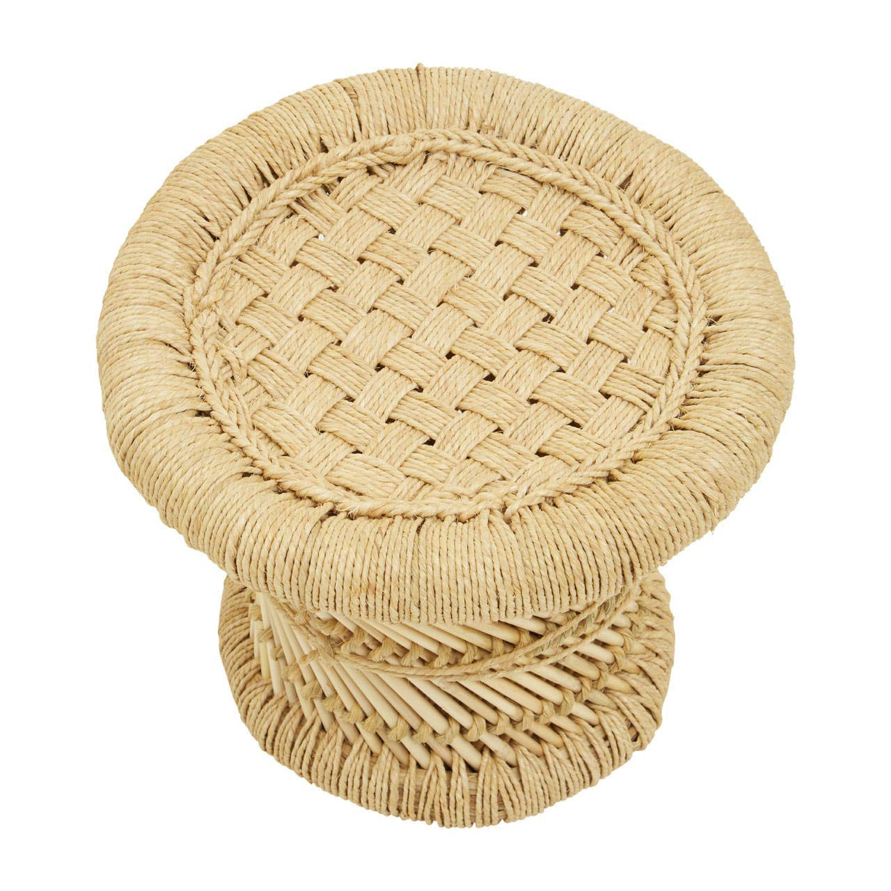 Natural woven bamboo chair and stool set designed for children, featuring a round stool with a textured woven surface and a sturdy base, all in a light, natural color