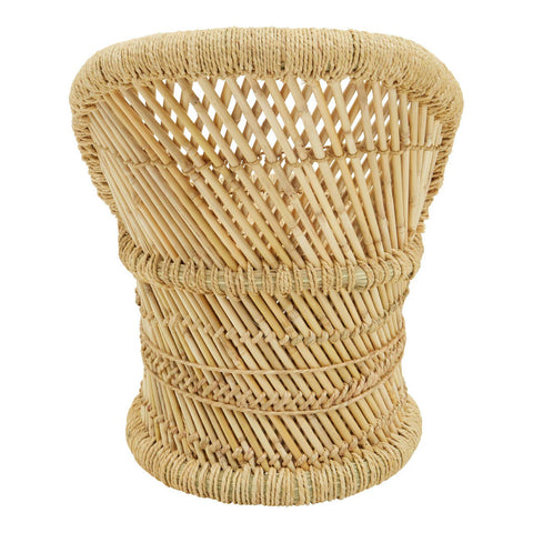 Natural woven bamboo chair and stool set designed for children, featuring a light tan color and a unique, textured pattern. The chair has a rounded back and a sturdy base, while the stool is cylindrical and complements the chair's design. Both pieces showcase a minimalist aesthetic suitable for various home decor styles