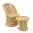 Natural woven bamboo chair with a curved backrest and a matching round stool, both in a light tan color, showcasing a textured design suitable for children's furniture