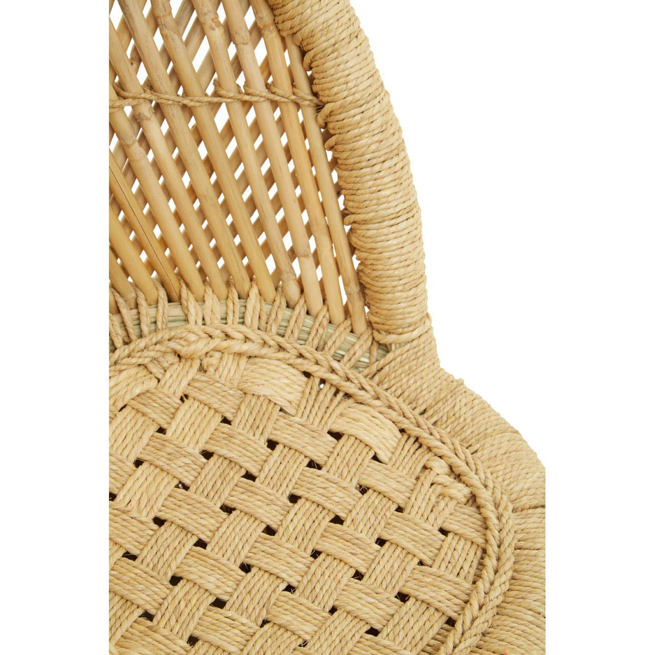 Natural woven bamboo chair and stool set featuring a light tan color with intricate weaving patterns. The chair has a curved backrest and a sturdy base, while the stool is compact and designed to complement the chair. Both pieces showcase a smooth finish and a minimalist design suitable for children's spaces
