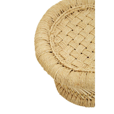 Natural woven bamboo chair and stool set featuring a round, intricately woven seat with a light tan color and a textured surface. The edges are slightly raised, showcasing the craftsmanship of the bamboo material