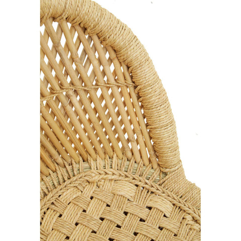 Natural woven bamboo chair with a curved backrest and a round seat, showcasing intricate weaving patterns. The warm, light color of the bamboo highlights the organic texture and craftsmanship