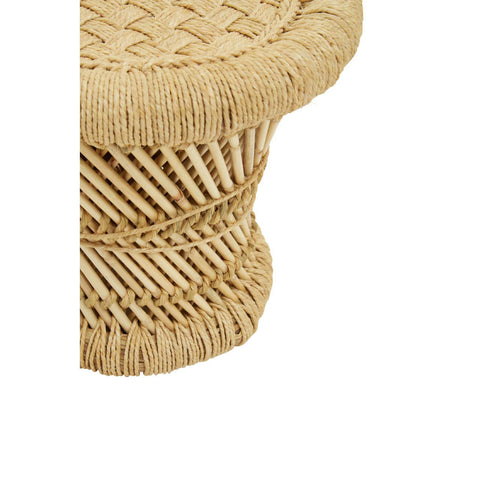 Natural woven bamboo chair and stool set featuring a round, textured seat and a sturdy base, showcasing a light tan color and intricate weaving patterns. The design is child-sized, emphasizing a playful and organic aesthetic suitable for a children's room