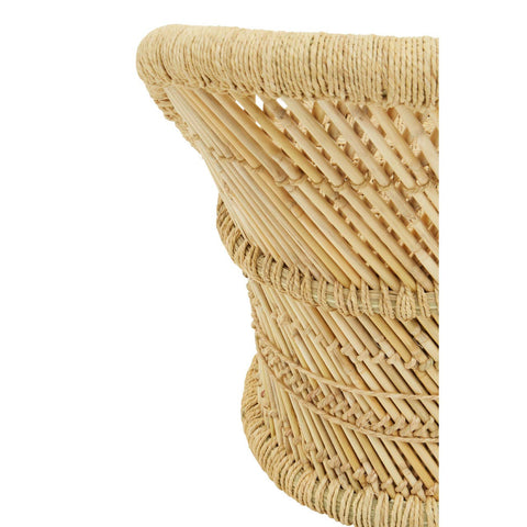 Natural woven bamboo chair and stool set featuring a light, textured finish. The chair has a curved backrest and a sturdy base, while the stool is designed with a similar woven pattern, both showcasing a minimalist and organic aesthetic suitable for children's spaces