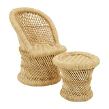 Natural woven bamboo chair with a curved backrest and a matching round stool, both featuring a light tan color and textured surface, designed for children's use