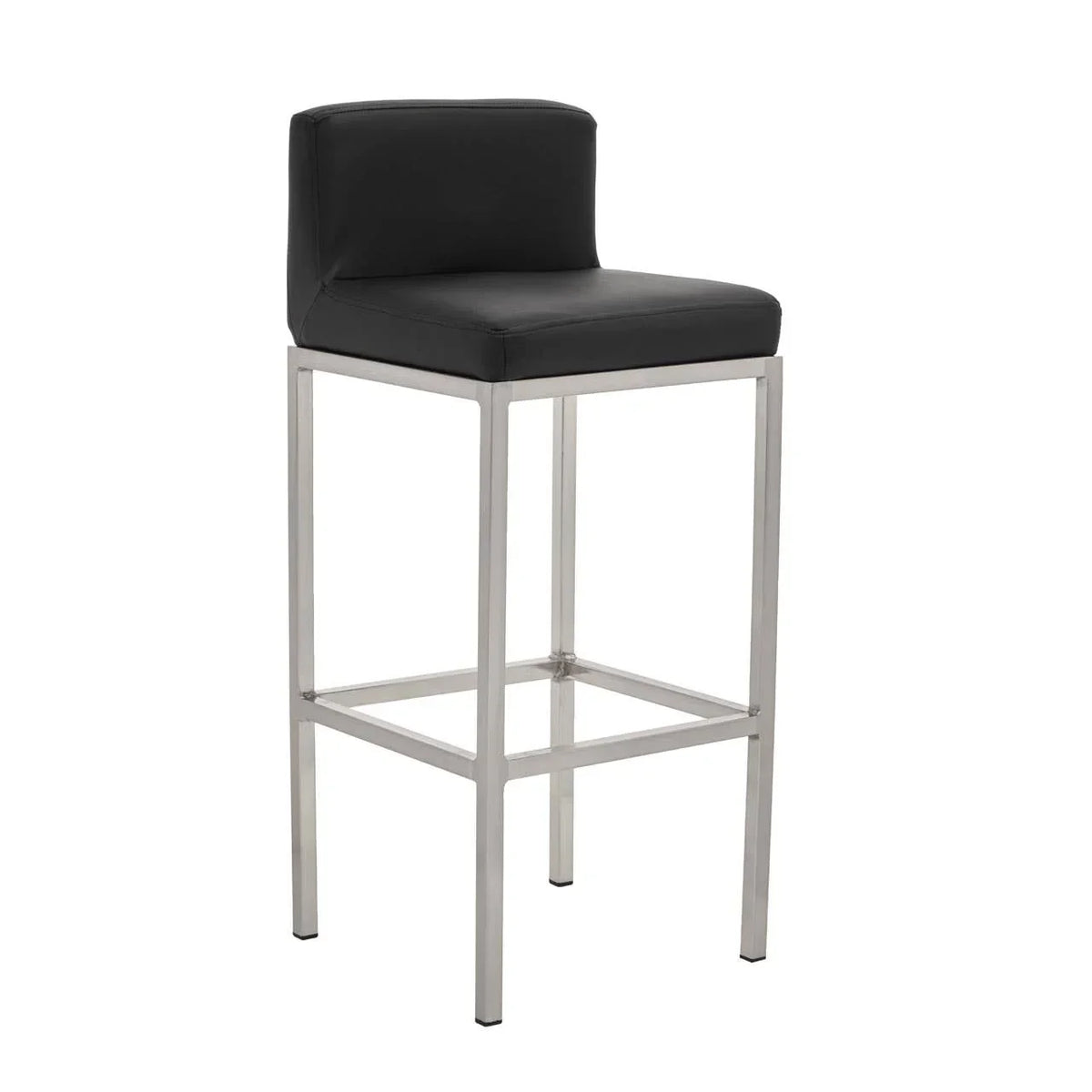 Black leather bar stool with chrome legs and low backrest, side angle view