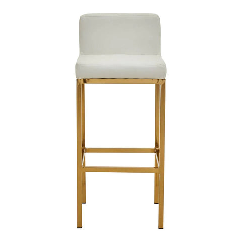 White bar stool with gold metal frame and low backrest, front view
