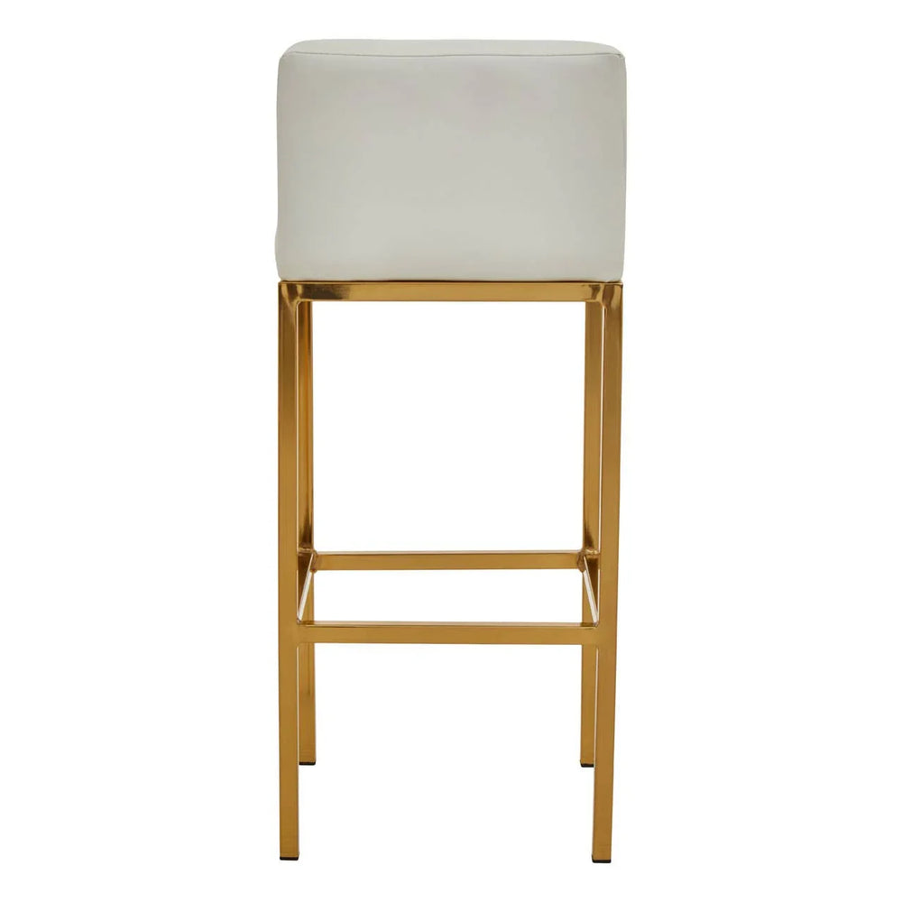 White bar stool with gold metal frame, square padded seat, front view