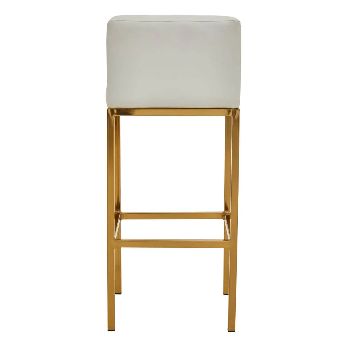 White bar stool with gold metal frame, square padded seat, front view