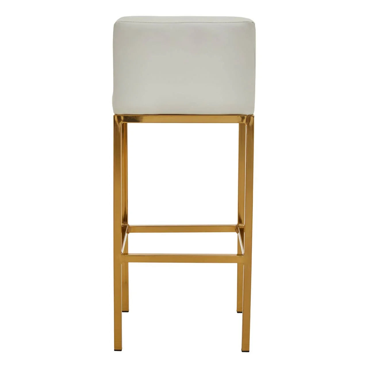 White bar stool with gold metal frame, square padded seat, front view