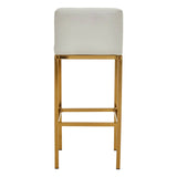 White bar stool with gold metal frame, square padded seat, front view