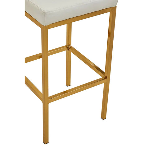 White bar stool with gold metal frame and square seat corner view