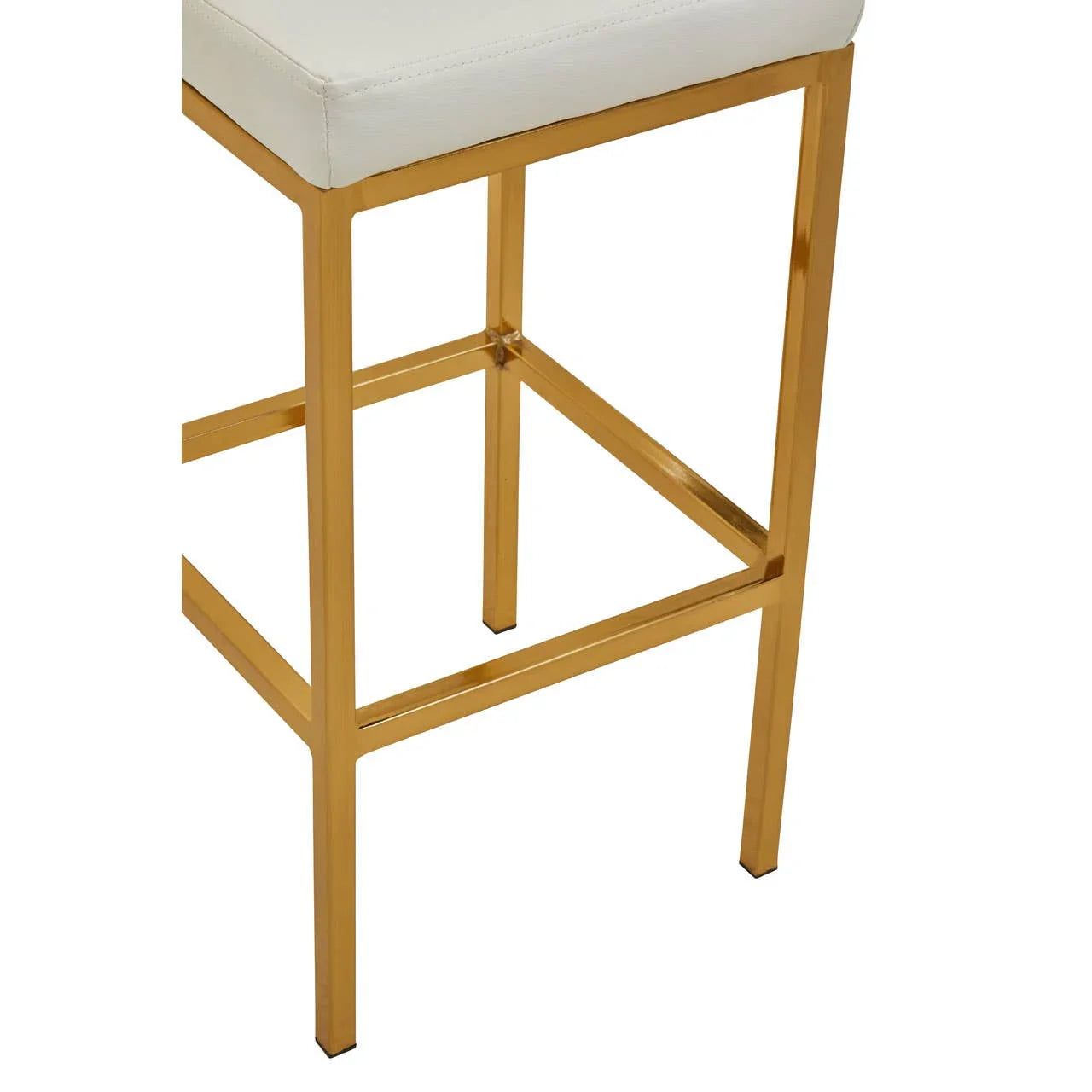 White bar stool with gold metal frame and square seat corner view