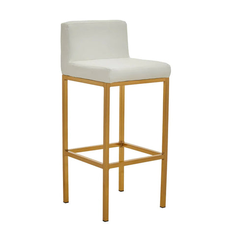 White bar stool with gold metal frame and low backrest, side angle view